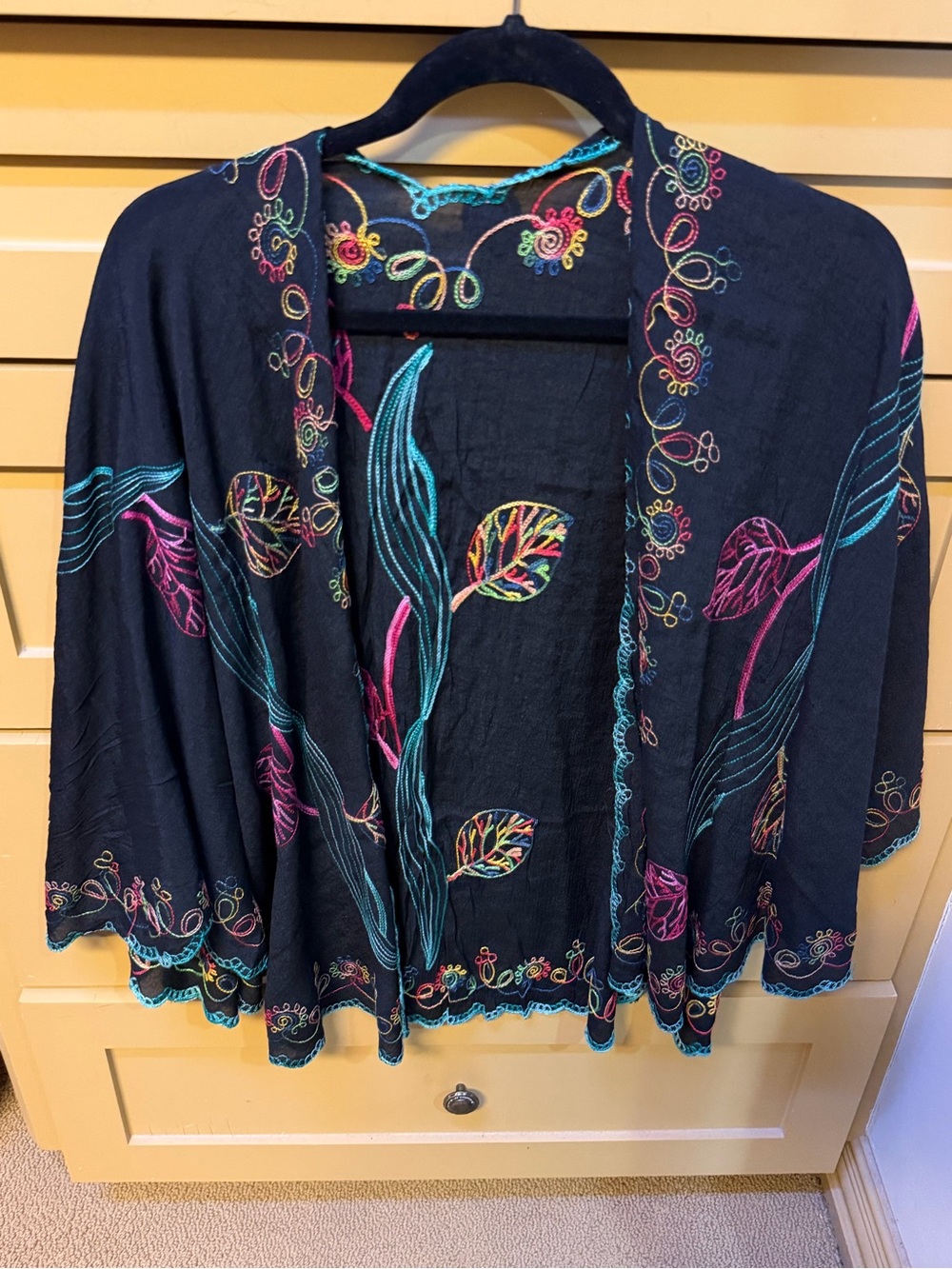 Black Embroidered Open-Front Women's Cape with Multicolor Floral Stitching